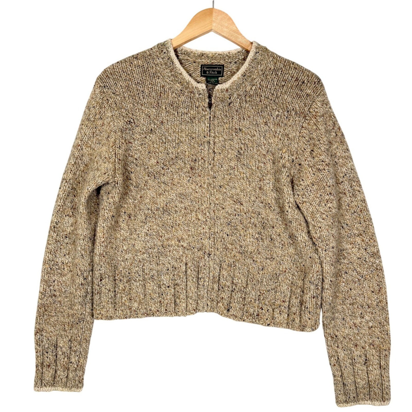 VTG Abercrombie & Fitch Wool Cardigan Sweater Large Tan Chunky Knit Zip Pullover