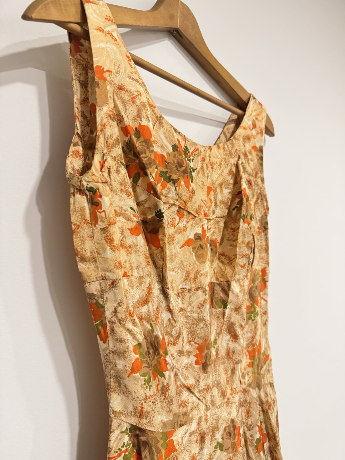 Vintage MCM 50s/60s Handmade Dress Tea Length Earth Tones Floral Fit & Flare XXS