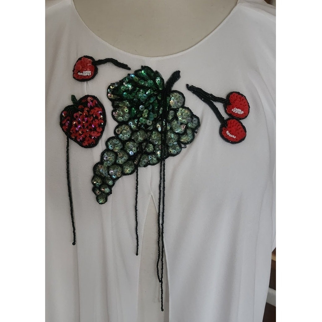 Vintage 1980s Holly Harp Top or Tunic Silk Jersey Fruit Sequins Beaded Fringe