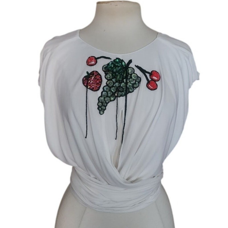 Vintage 1980s Holly Harp Top or Tunic Silk Jersey Fruit Sequins Beaded Fringe