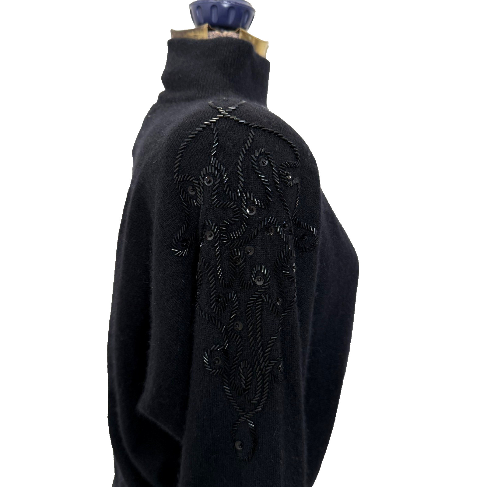 Mervyn’s 80s 90s Mock Neck Sweater Beaded Black Wool Angora Large Vintage Luxury