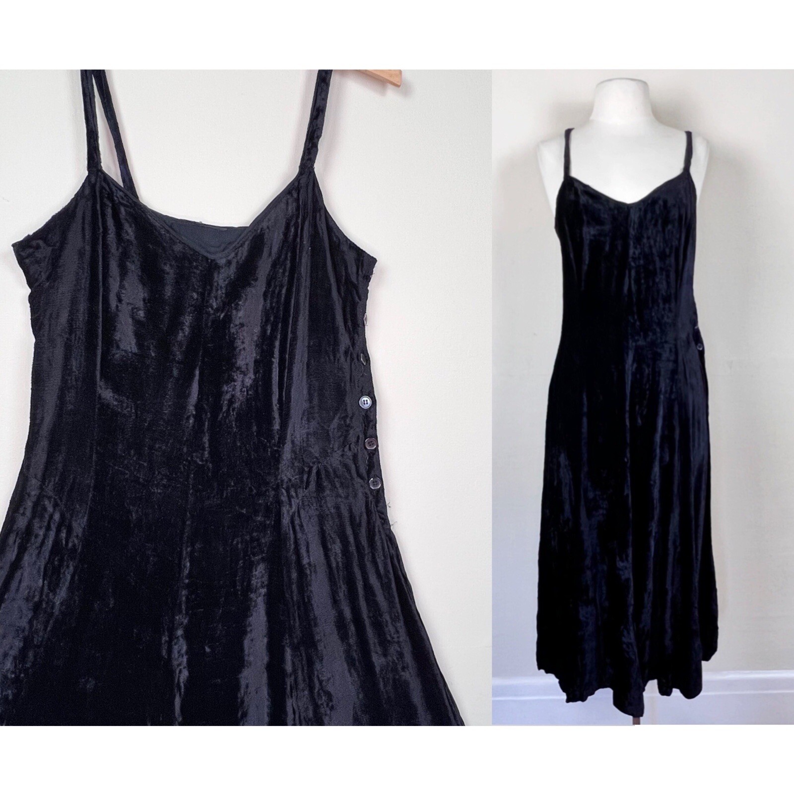 vintage 70s crushed velvet slip dress | 1970s black maxi whimsygoth bohemian