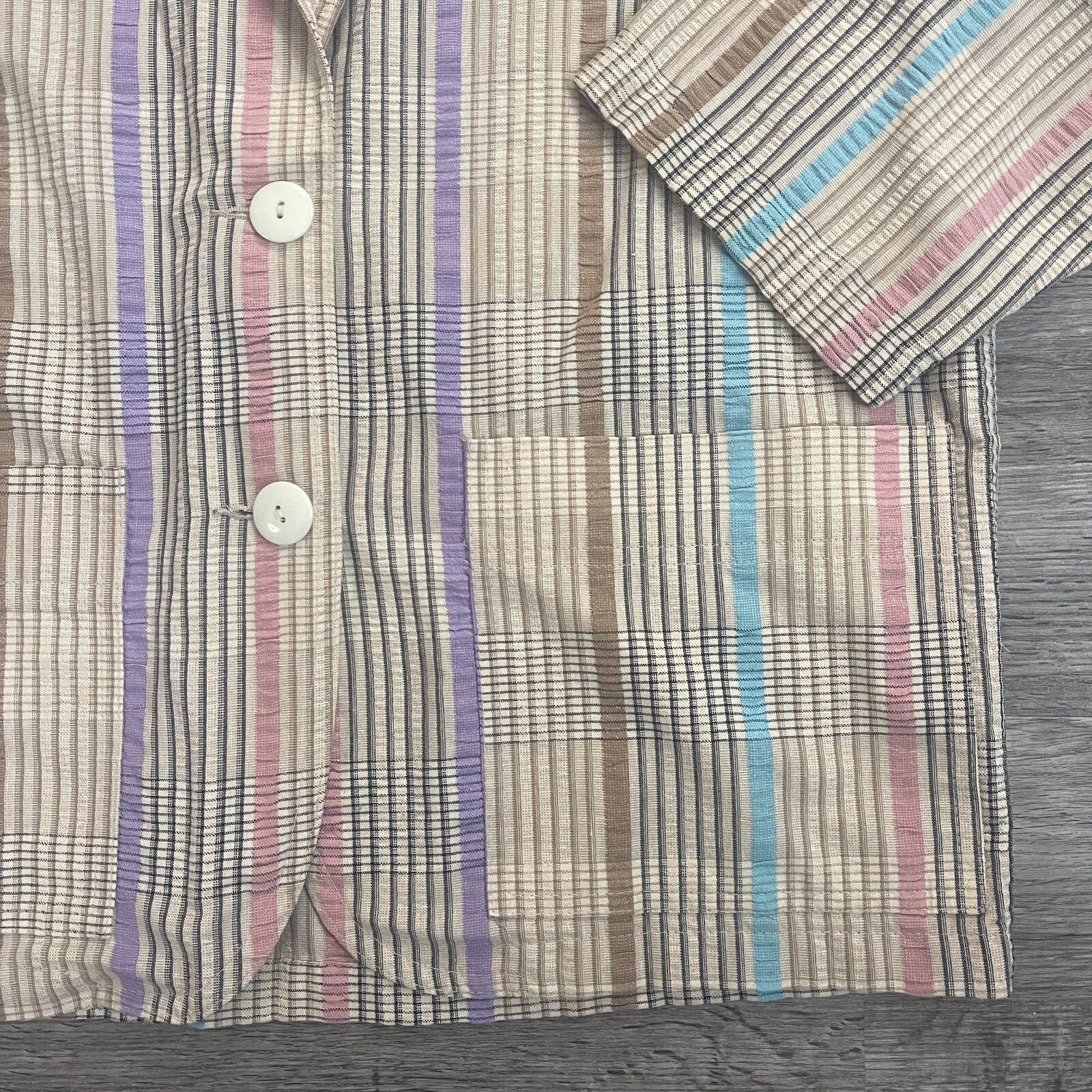 Vintage 80s 90s Seersucker Koret Beige Blue Pink Lavender Summer Casual Blazer