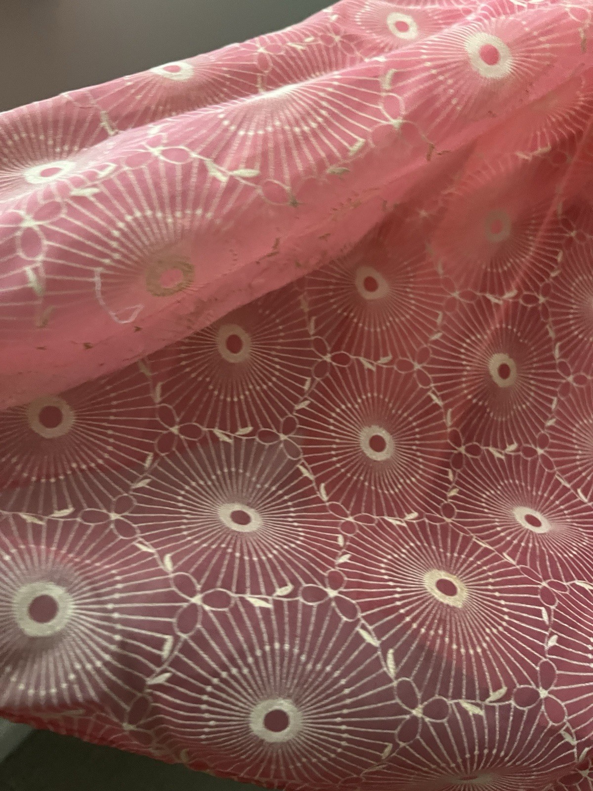 Vintage 1950s Coral Pink pattern double layer Tea Dress | Rhinestone Bow Details