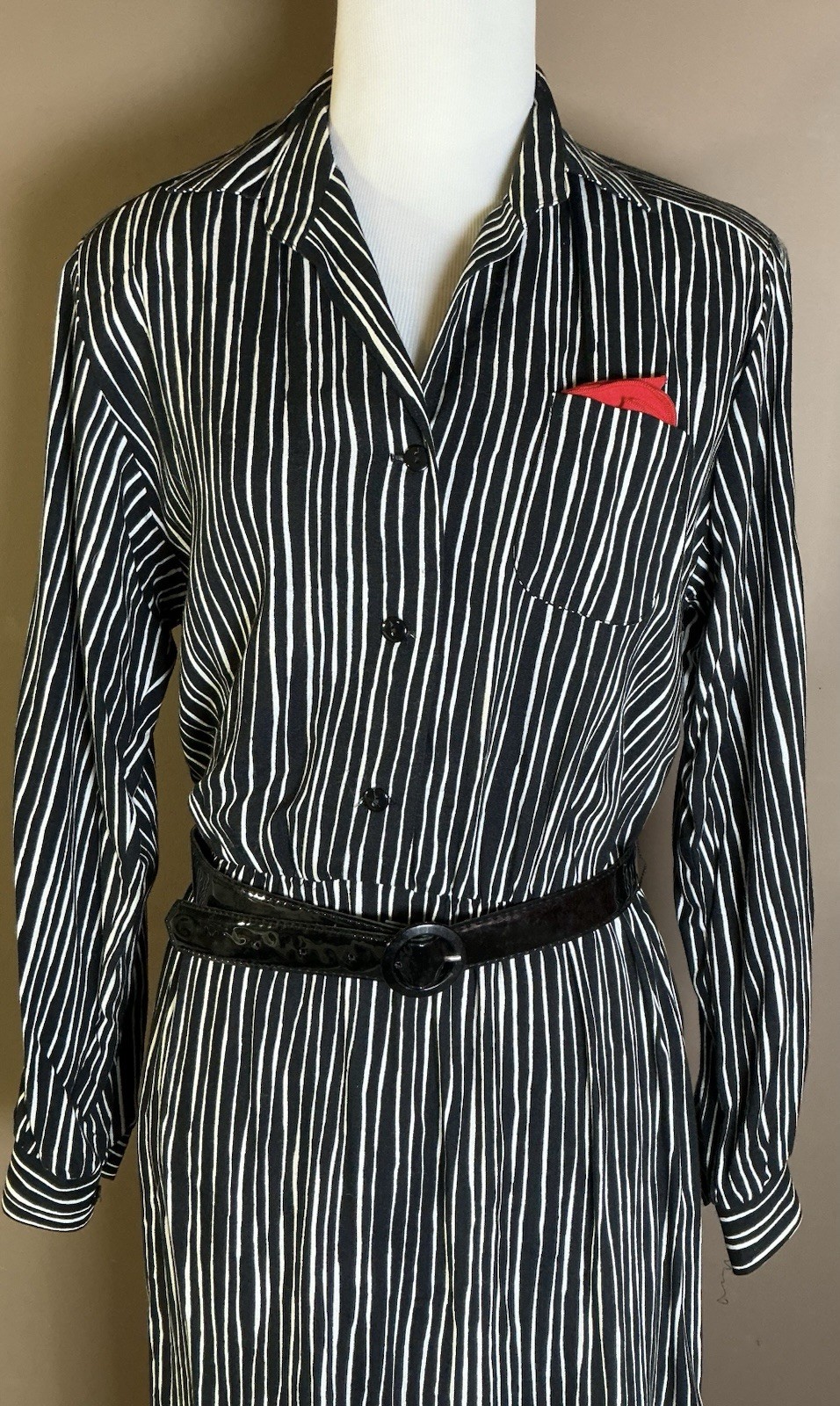 Vintage Petites By Willi 80s 90s Belted Black White Striped Shirt Dress
