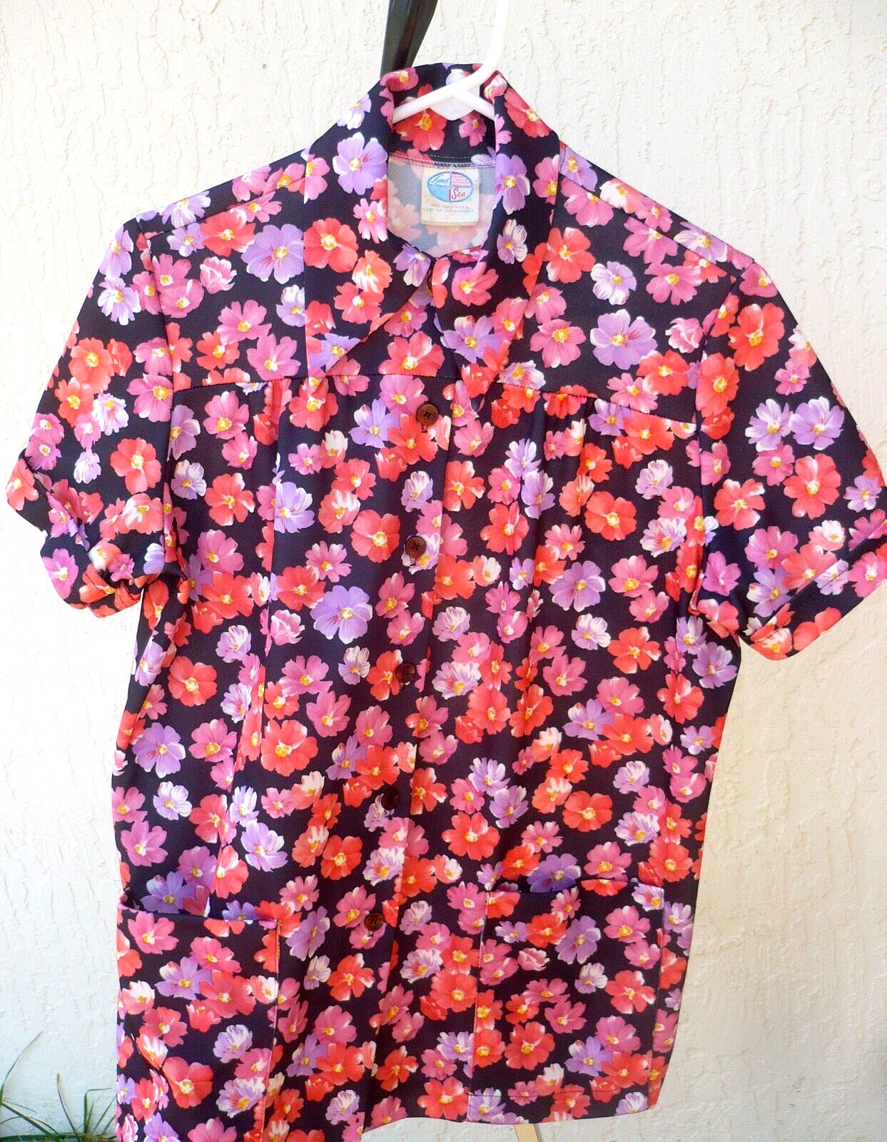 VTG 70S M L POLY KNIT POINT POINTY COLLAR SPRING LILAC ORANGE FLORAL BLOUSE BUTT