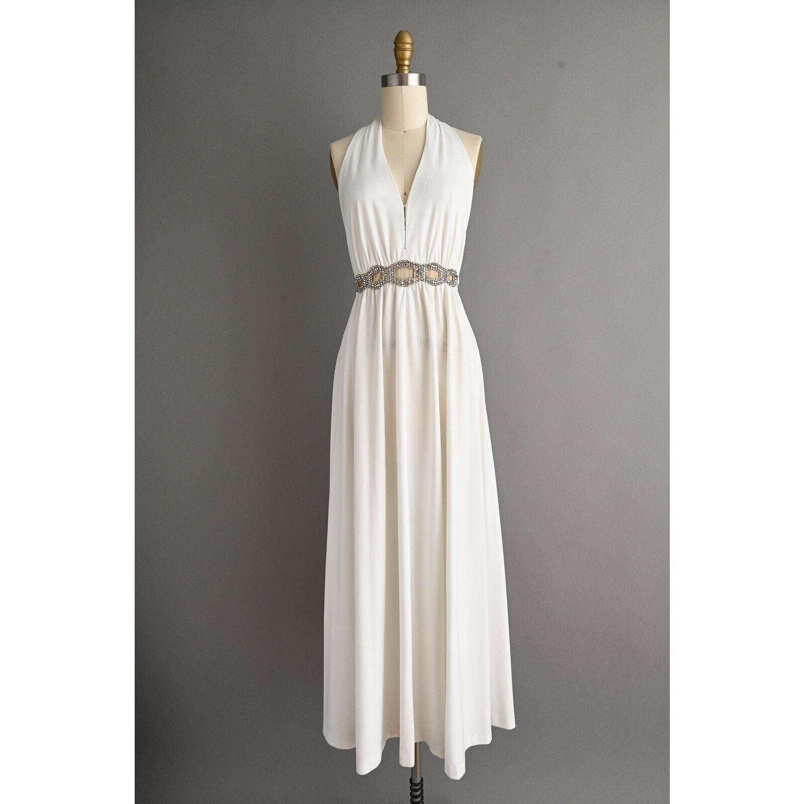 vintage 1970s 70s Dress Lee Jordan Rhinestone Cocktail Wedding Dress M Medium
