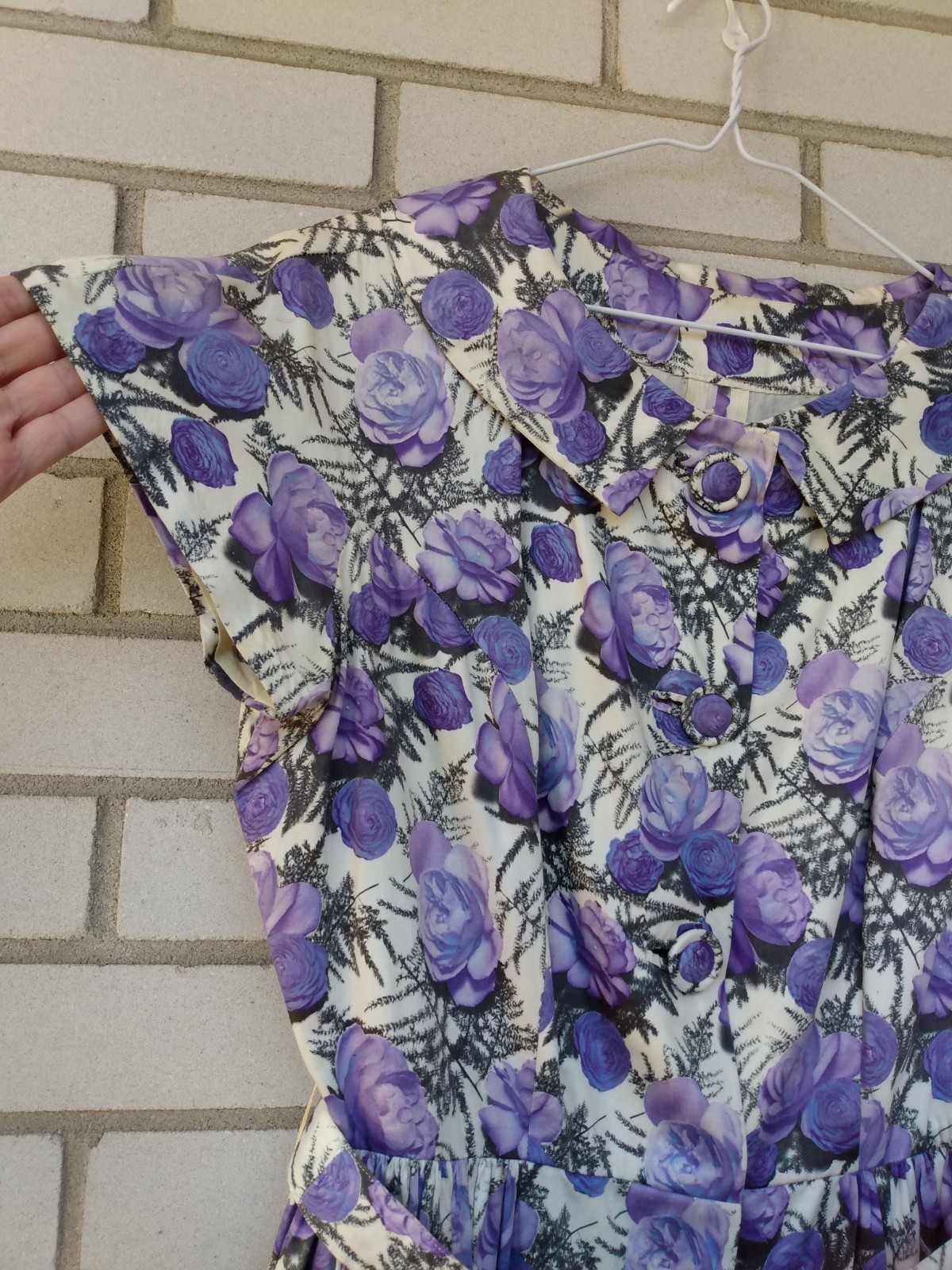 Vintage 50s Purple Rose Dress 42″ Bust 28.5″ Waist Rockabilly Tea Party 60s