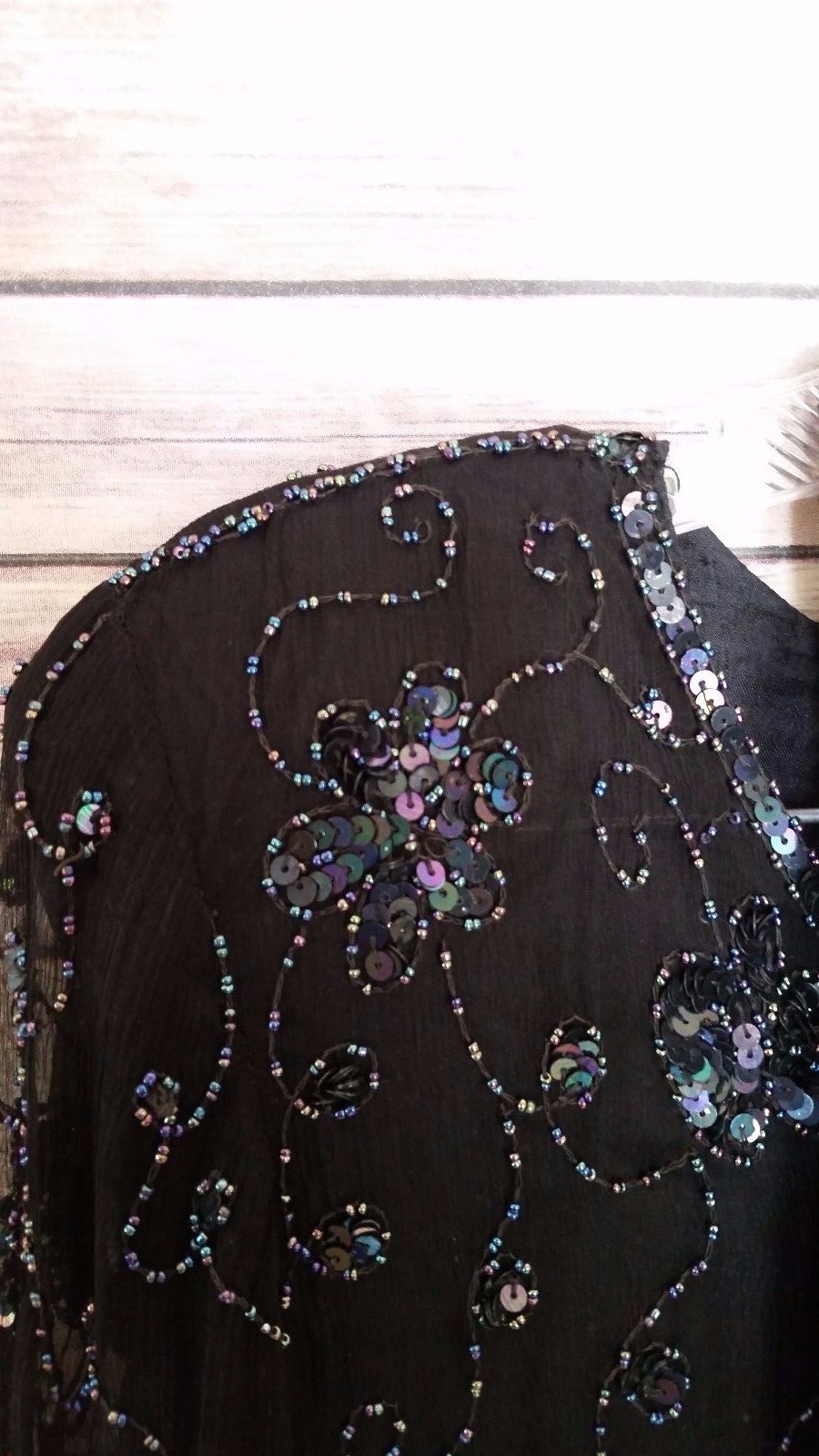 Vintage Royal Feelings Beaded Top Blouse Sheer Sleeves V-Neck 100% Silk Size M