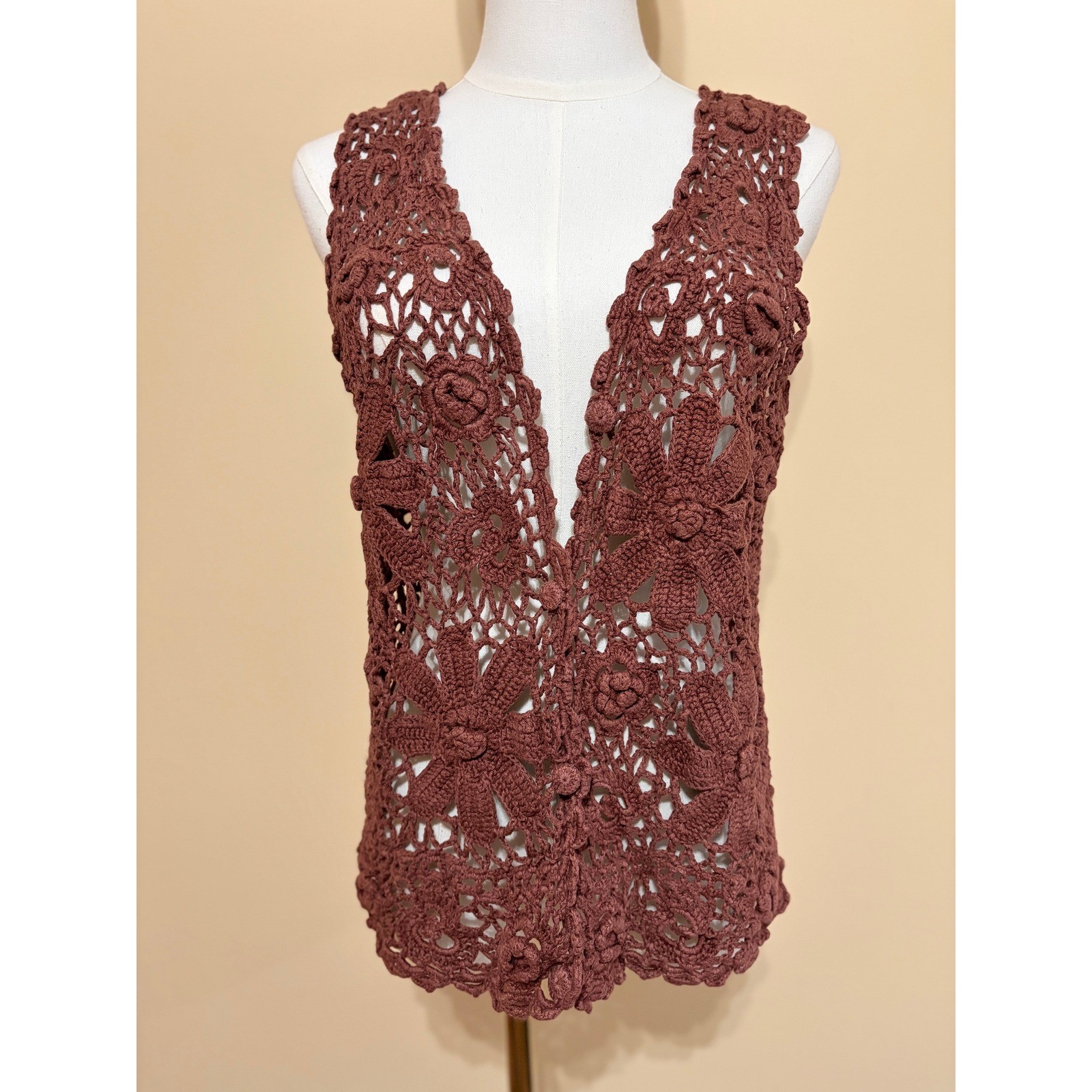One Step Up Brown Vintage Hand Crocheted Floral Vest Women One Size Excellent