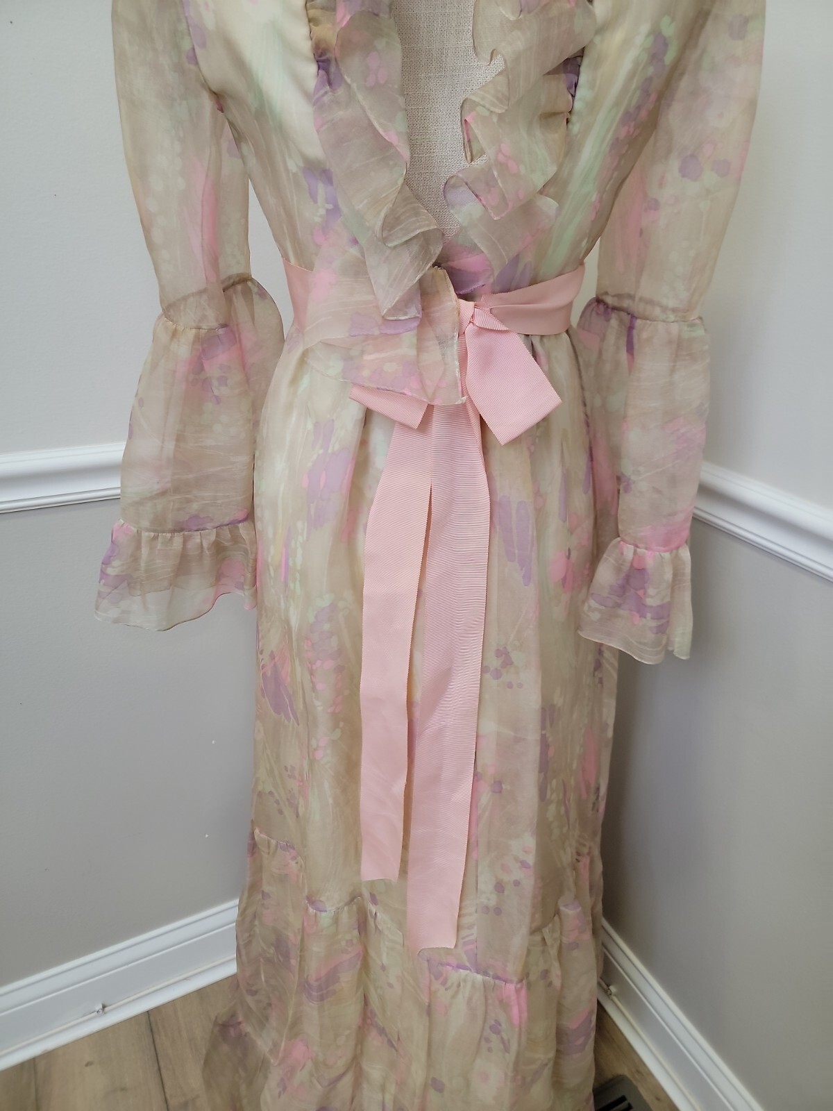 VTG’60s KIKI HART Pastel Floral Print Chiffon Evening Dress/Angel Sleeves