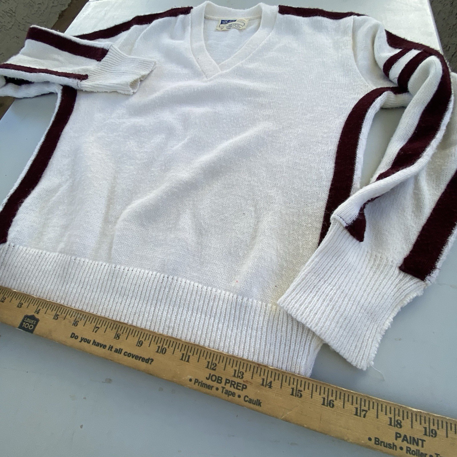 Vintage Ivory Cheer Sweater V-Neck Varsity Brown Stripe Acrylic USA Made Sz M