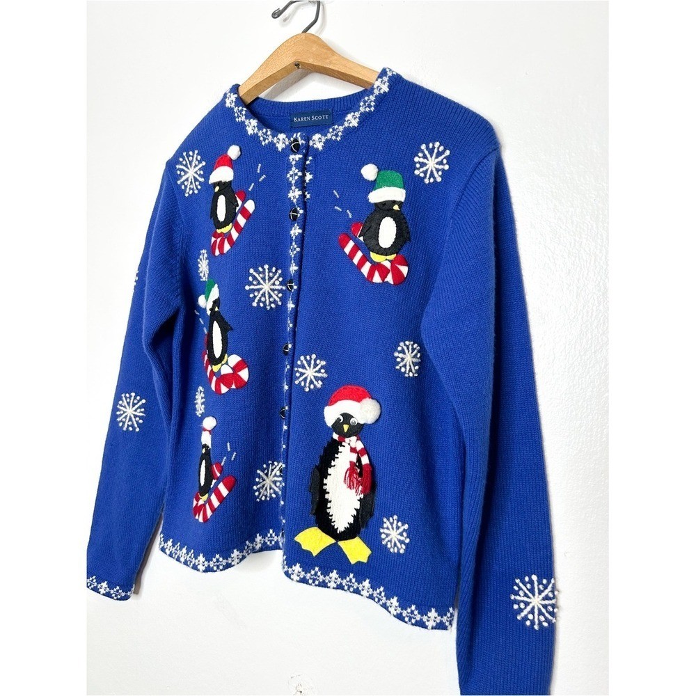Vintage Karen Scott Ugly Christmas Holiday Penguin Embellished Knit Sweater S