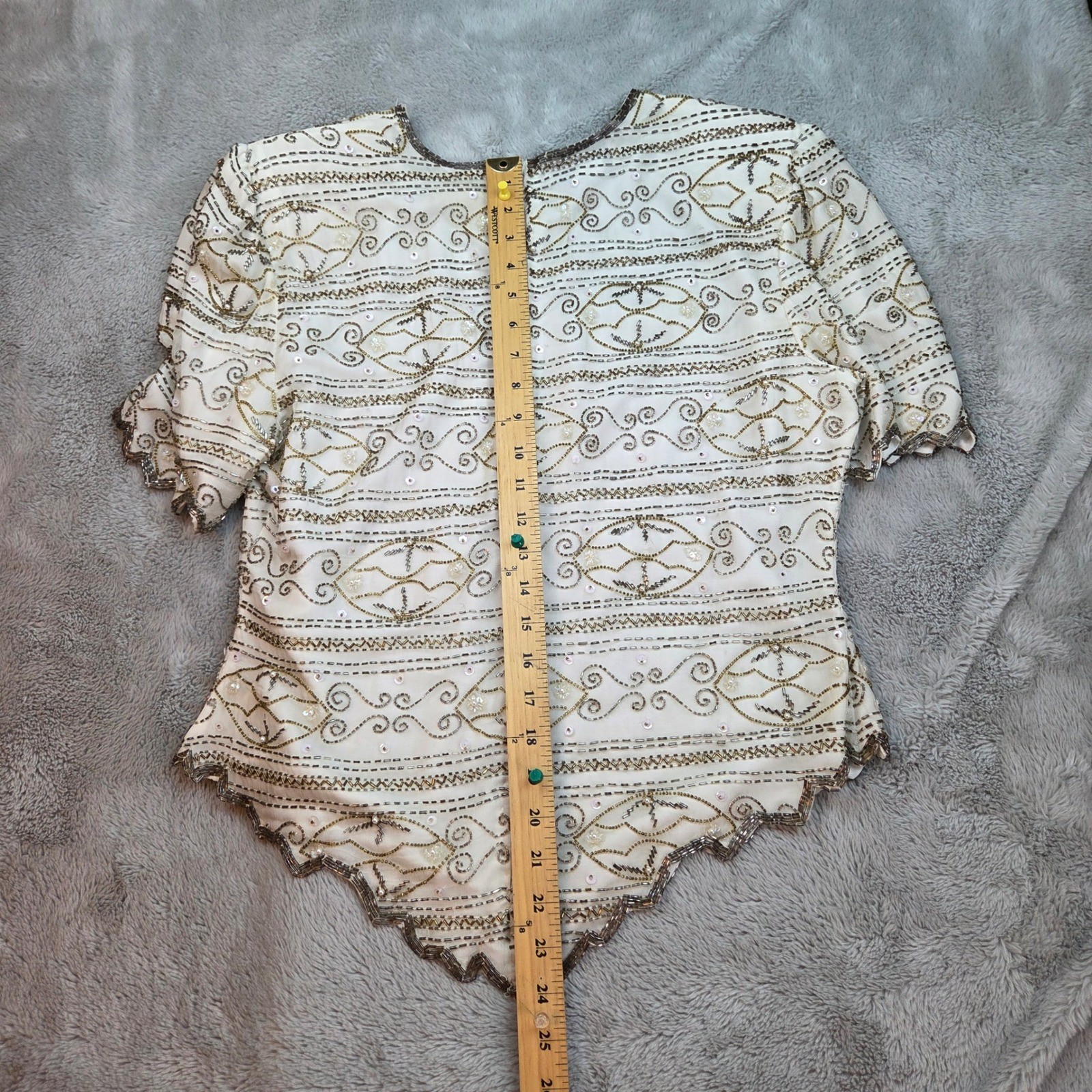 Laurence Kazar Beaded Silk Top Women XL Cream Gold Vintage Evening Scalloped Hem
