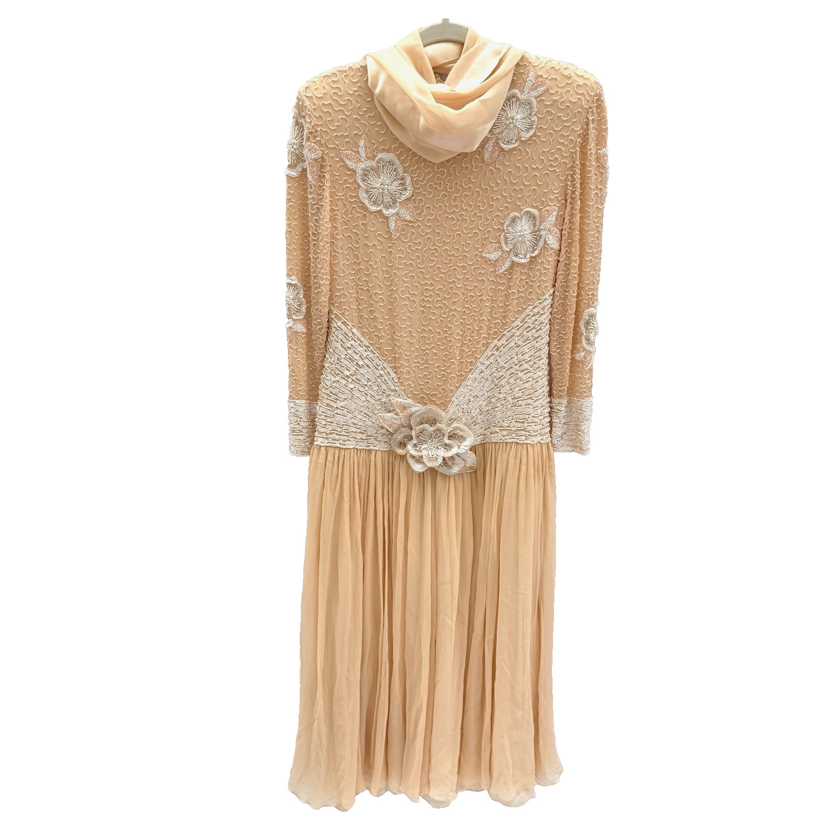 Vtg 80s Naeem Khan Riazee Suzarila Silk Beaded Gown Set Peach Ruffle Dress Scarf