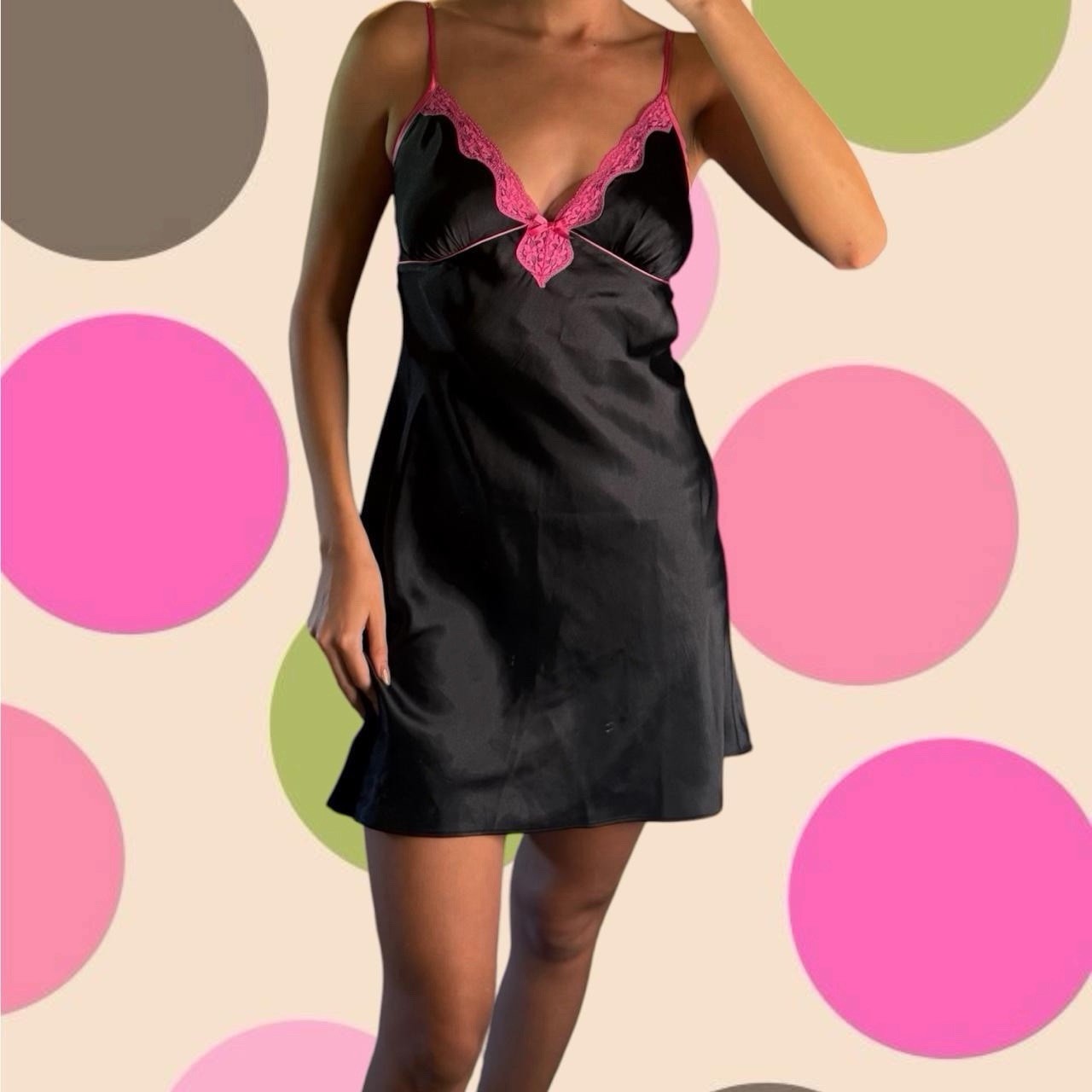 Vintage Rare 90s Y2K Black Satin Silk Pink Lace Slip Dress Lingerie Mini Dress
