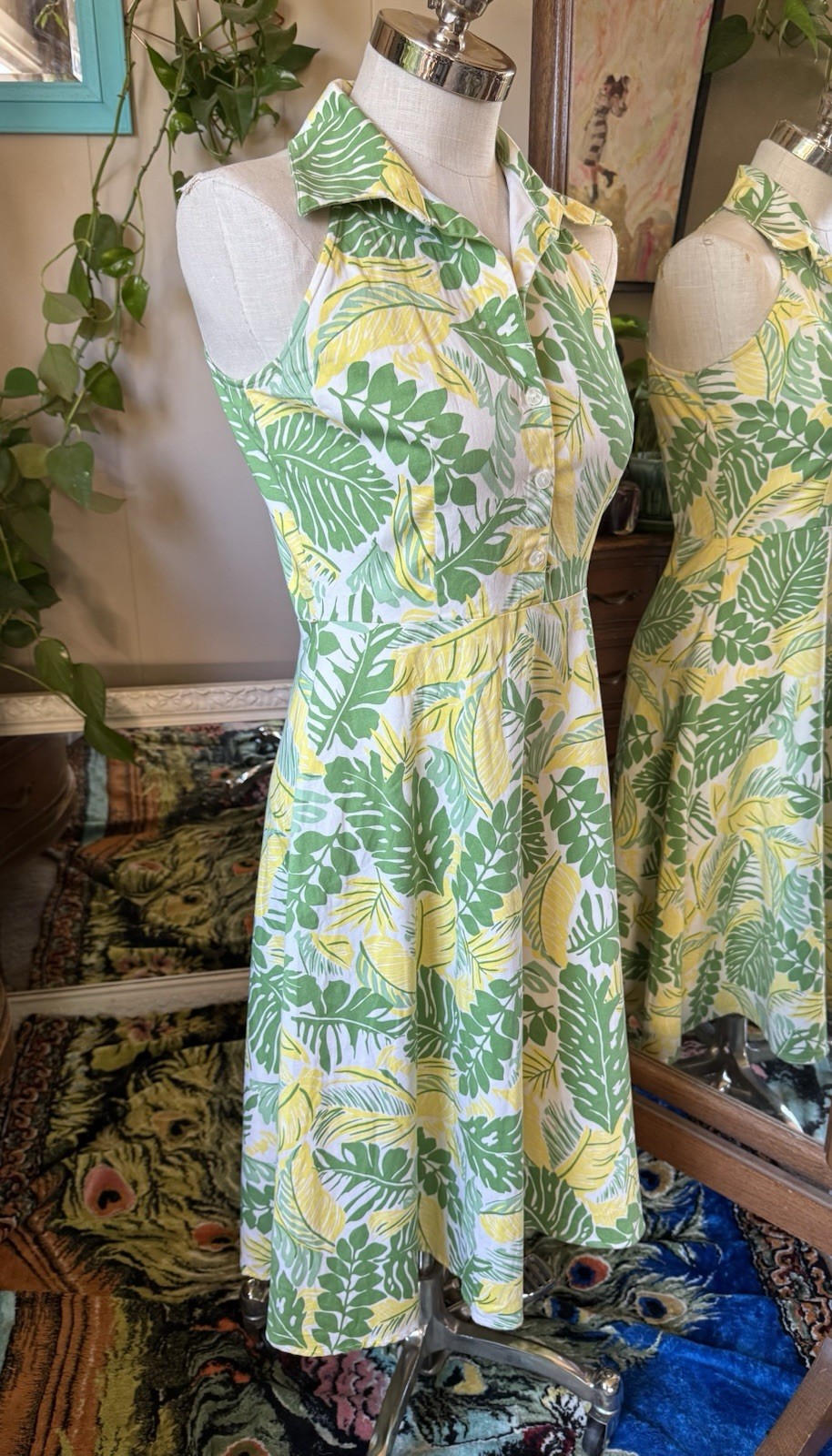 Vintage 1990s Women’s DBY Yellow & Green Leaves Fit & Flare Dress Size 7/8