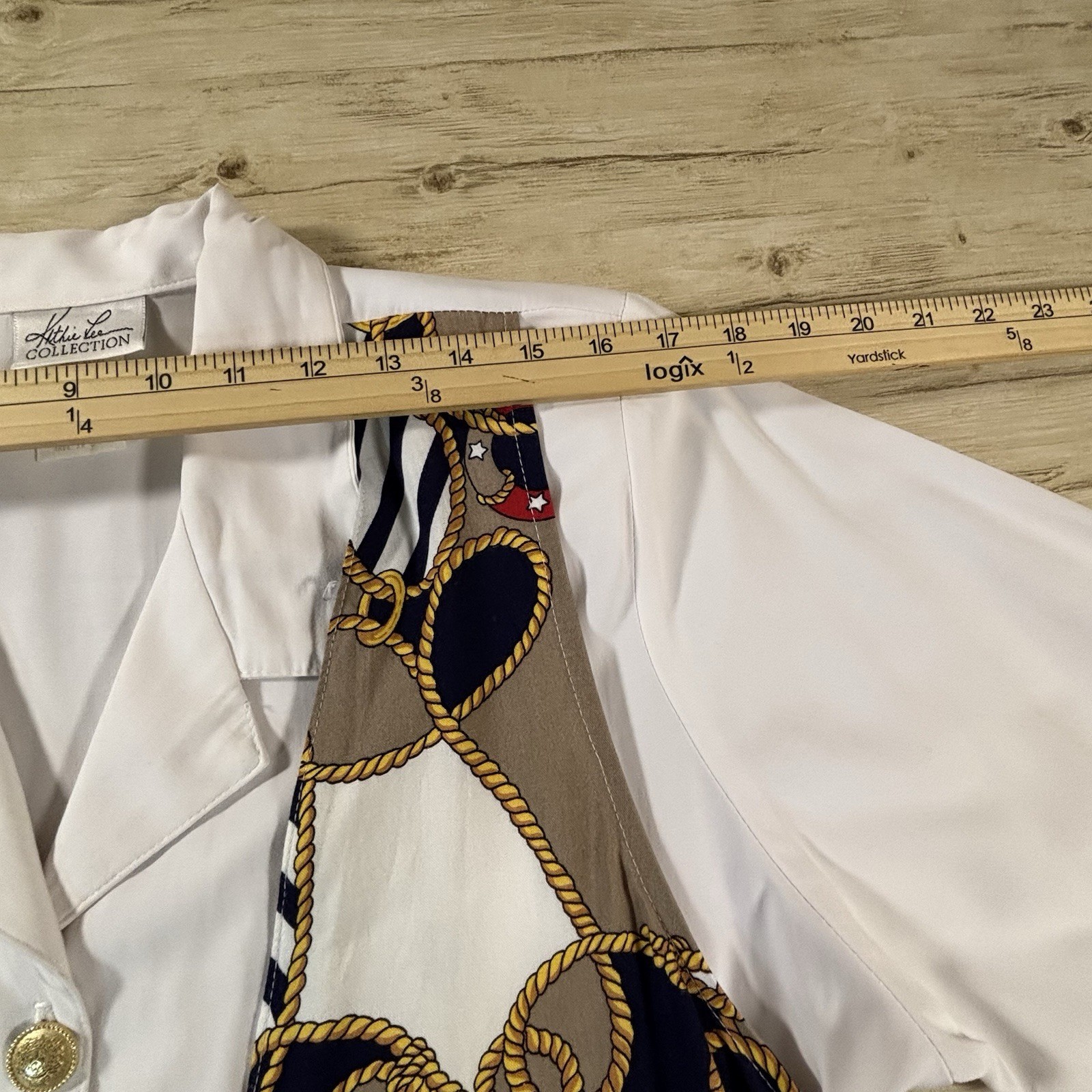 Vintage Kathie Lee Nautical Blouse | Rope Anchor Gold Button Coastal | 14