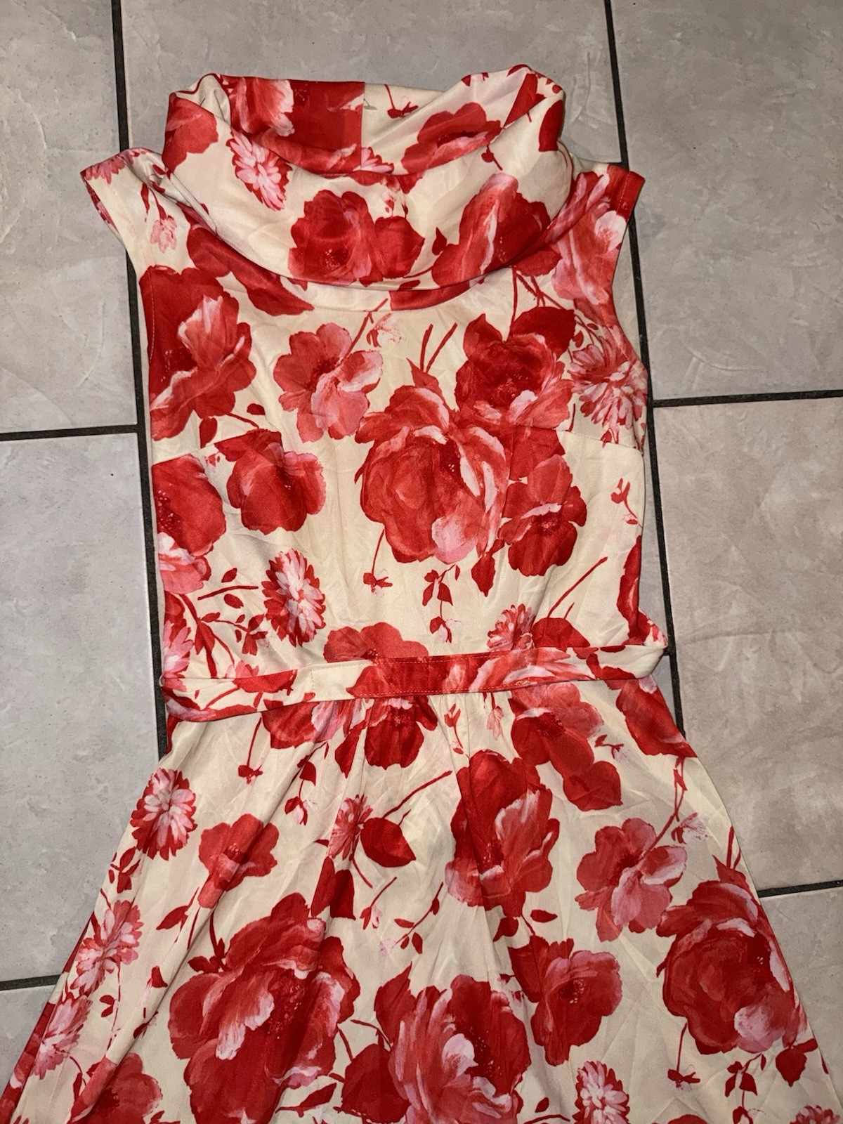 Vintage 70s Red Floral Maxi Dress XS Cowl Neck Long Sleeve Mod Boho Glam Swing