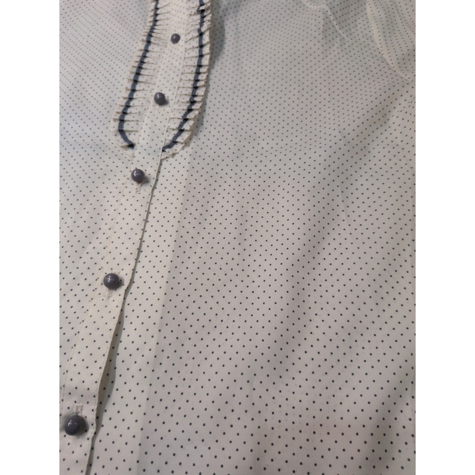Vintage Cos Cob Polka Dot Ruffle Tuxedo Blouse Cream Navy Blue Long Sleeve L