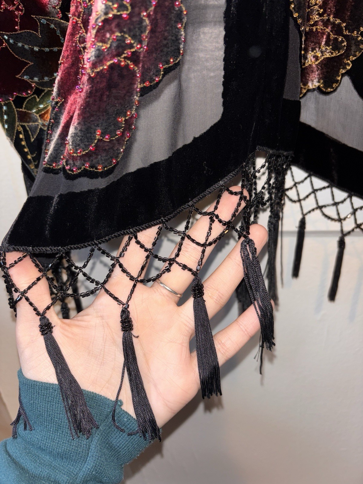 Vintage Silk Velvet Beaded Peacock Duster Coat Opera Black Fringe Romantic Goth