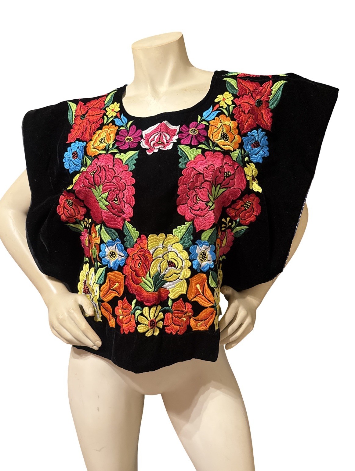 Black Velvet Huipil Mexican Folk Blouse Colorful Flowers Embroidery M-XL Oaxaca