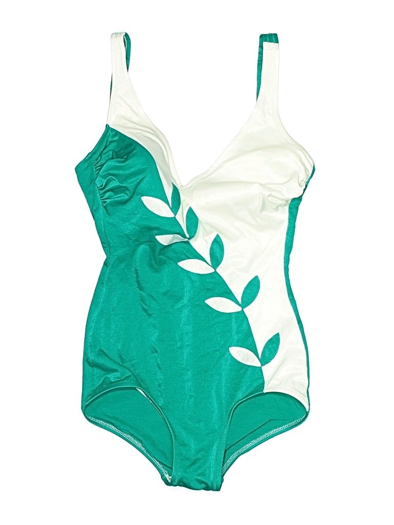 Vintage Retro De Weese Design Green White Leaves Mod One-Piece Swimsuit L 14