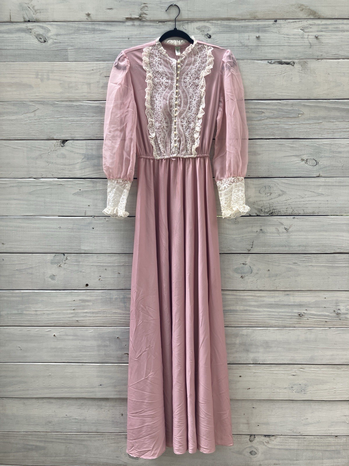 Vintage 1970s Elegant Pink Lace-Trimmed Cottagecore Prairie Dress Little House