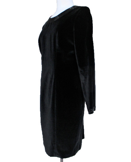 Vintage Laura Ashley Dress M Women Black Velvet Bead Trim Long Sleeve