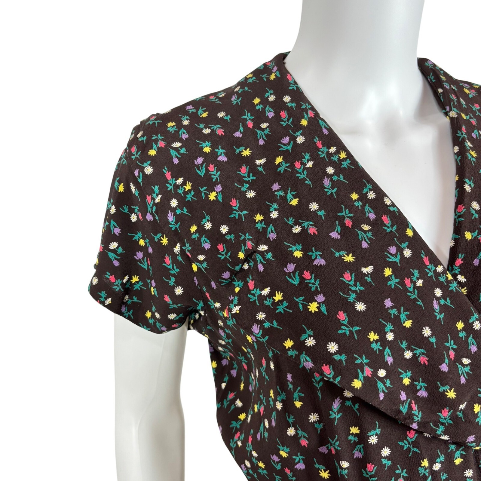 Vintage 40s Floral Dress Womens Small Rayon Daisy Print Surplice Neckline