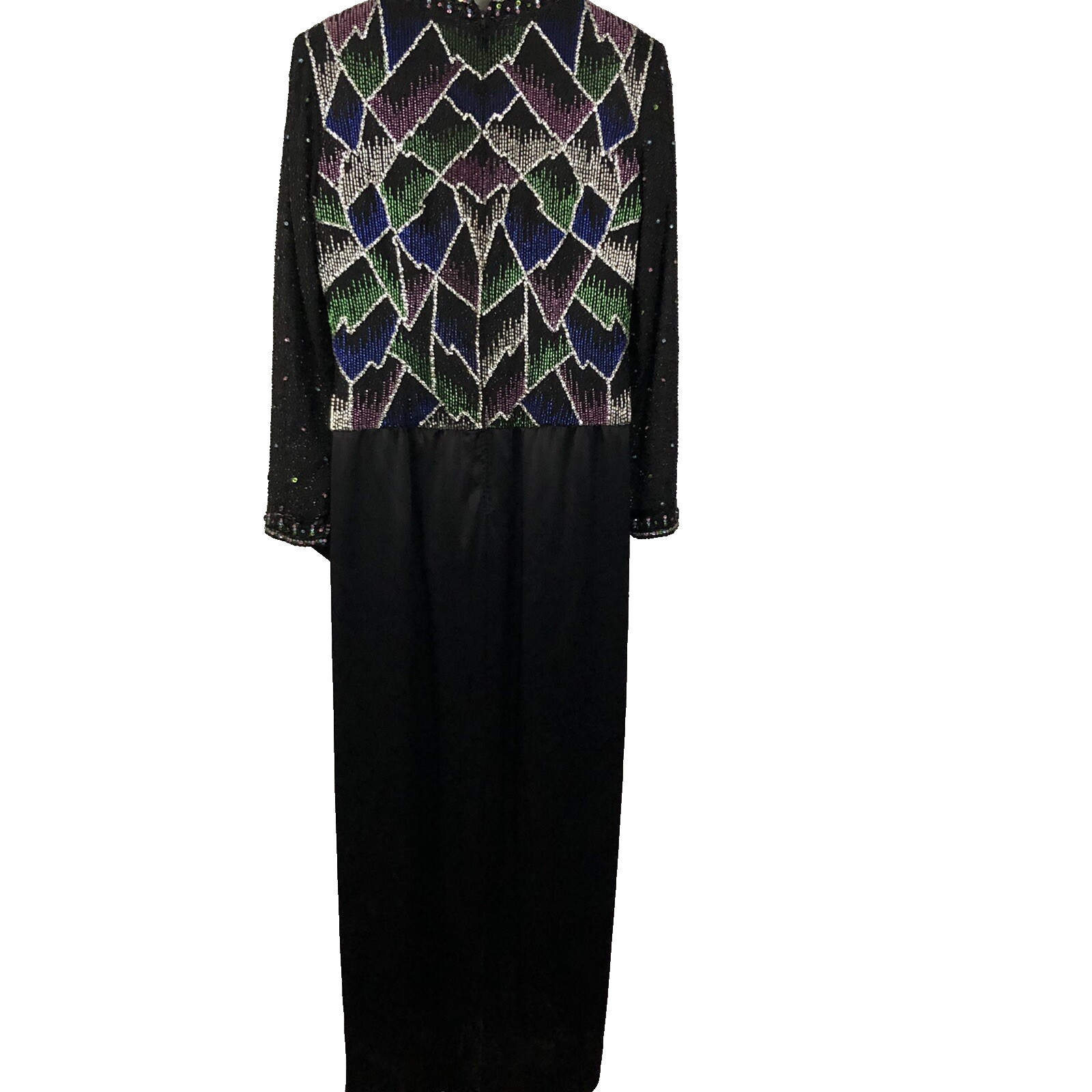 VTG 80s Amen Wardy Beaded Evening Gown Dress Sz M Black Sequin Dynasty Glamour