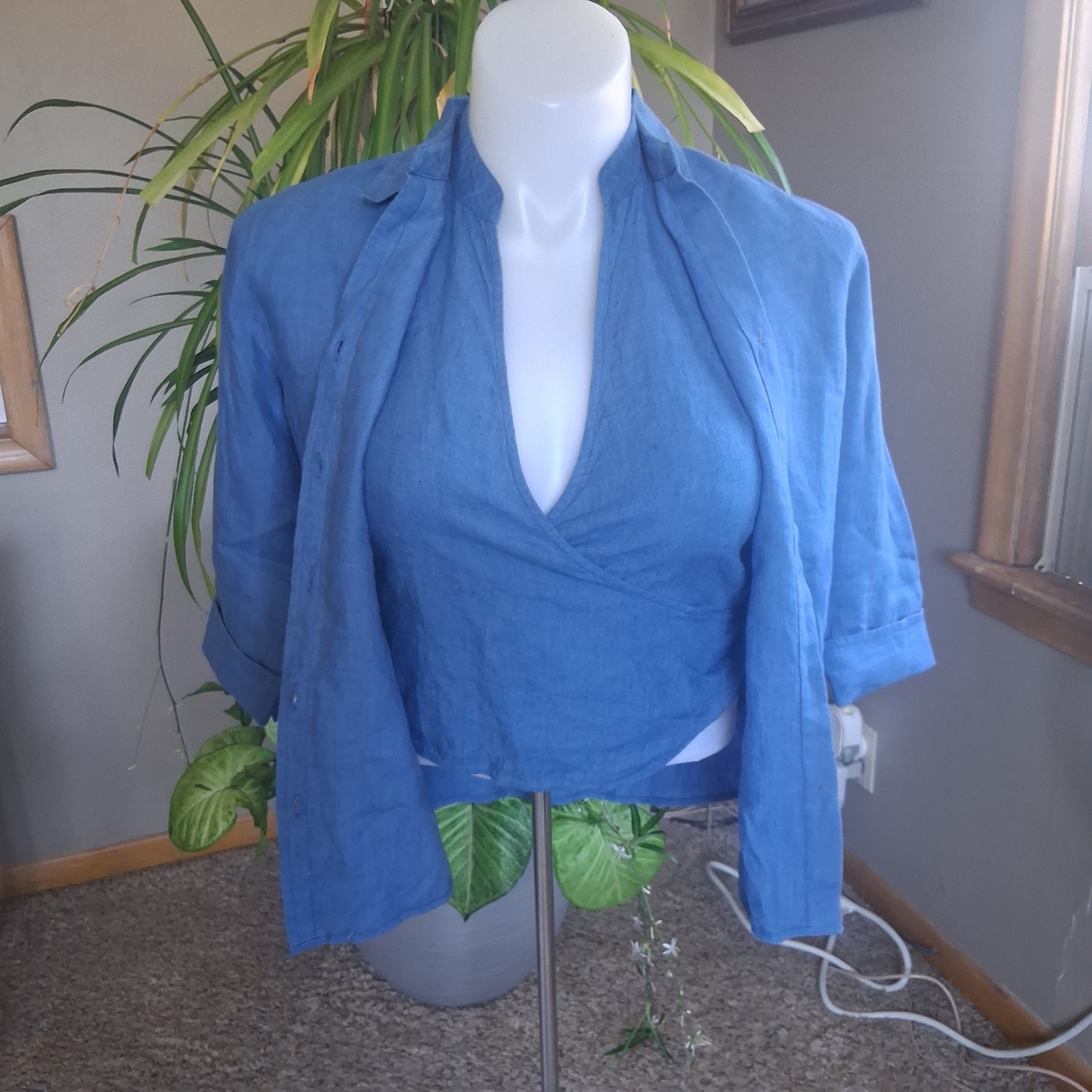 Vintage 2Pc 100% Linen Wrap Top Cardigan Set NWT Blue 8P European Summer Coastal