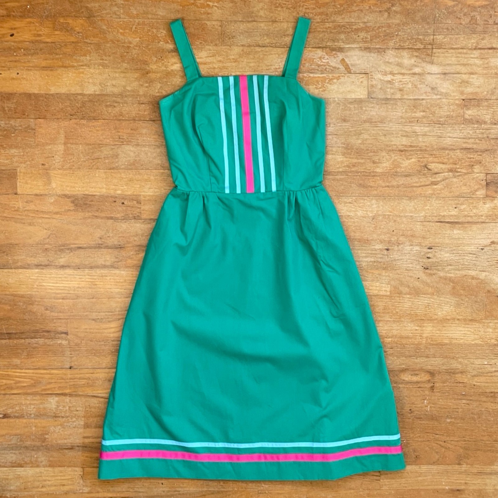 Vintage Cotton Sundress Size Small 1970s Teal Striped Sleeveless A-Line Pockets