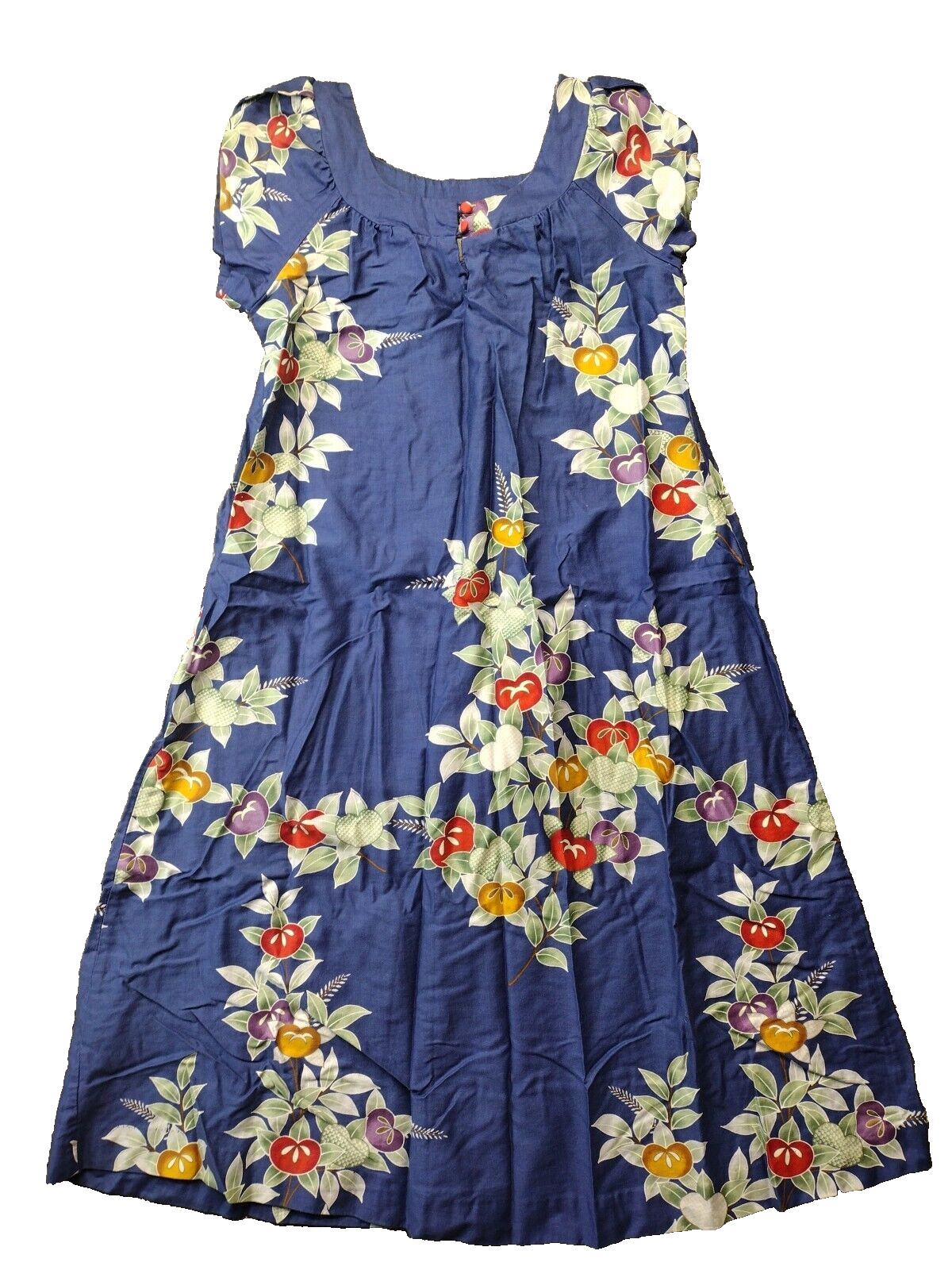 Vtg Sun Fashions Of Hawaii Honolulu Sz 10 Blue Floral & Fruits Muumuu Maxi Dress