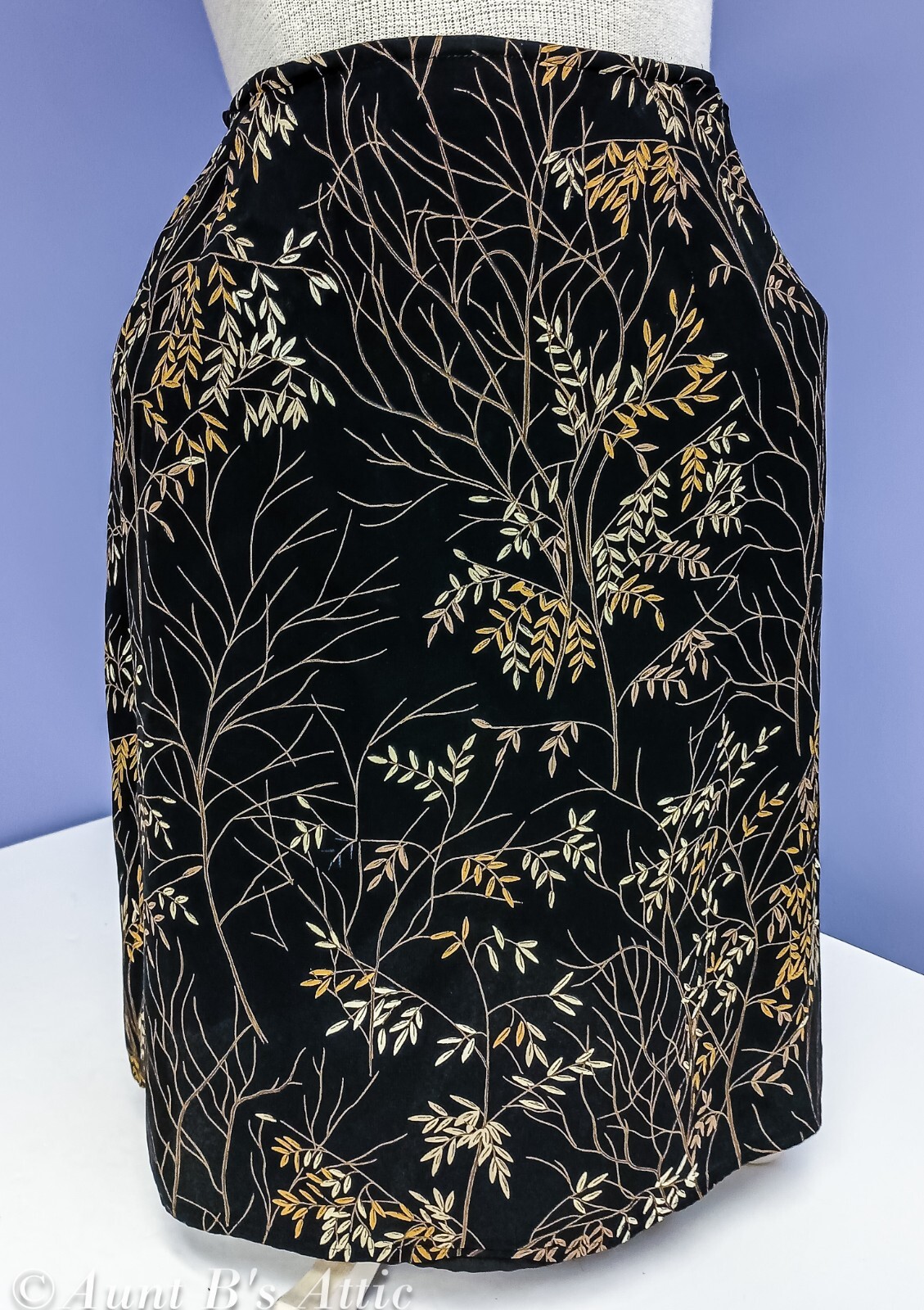 Ann Taylor Ladies Vtg Y2K Silk Black/Br Botanical Leaf Print Side Zip Skirt Lg