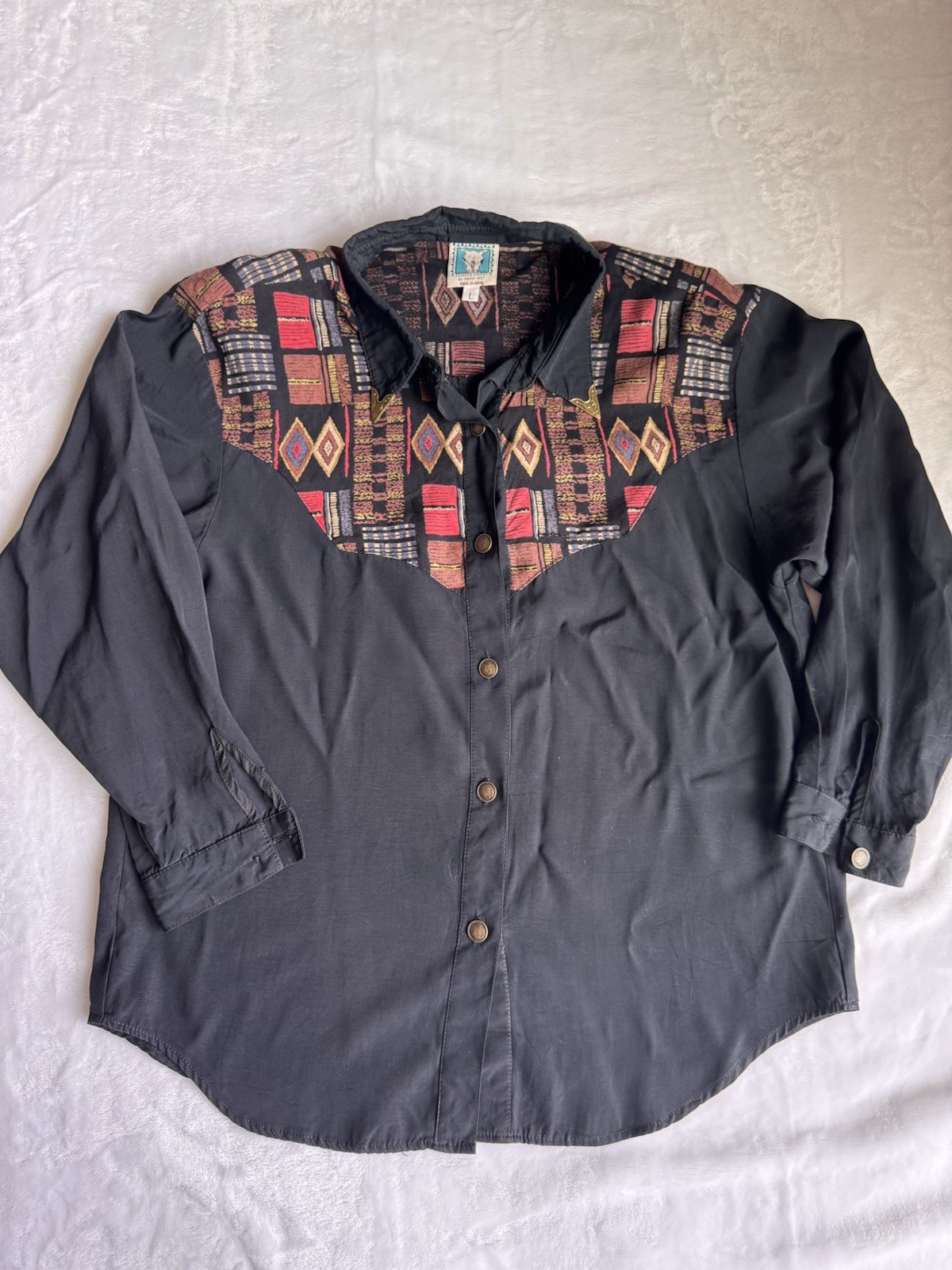 Vintage Desert West Sherry Holt Women’s Southwestern Rayon Shirt L Collar Tips