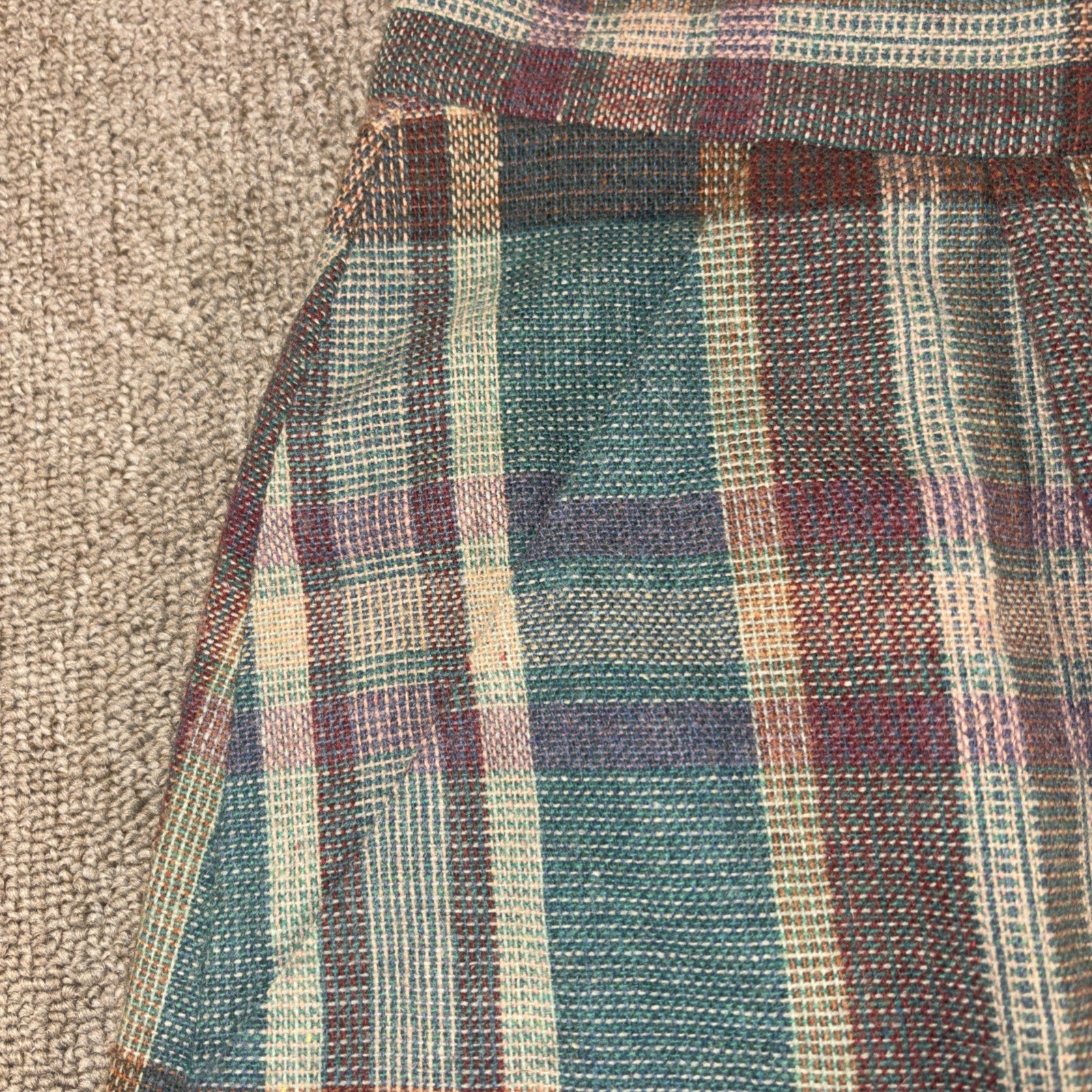 Vintage 1950s Handmade Plaid A-Line Midi Skirt Robin Zipper Teal Burgundy 27W