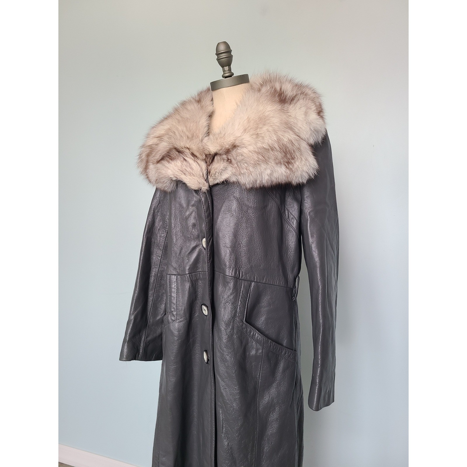 VTG 24K Leather Dan Di Modes Trench Coat Gray Rabbit Fur Collar 1970s Luxury
