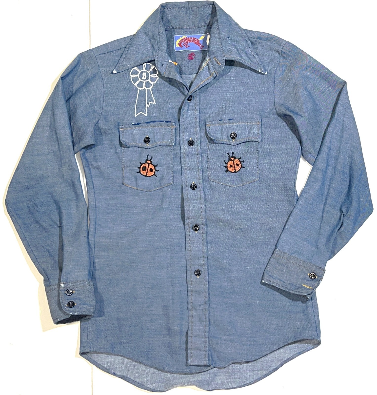 Wrangler VTG 70s Chambray Selvedge Denim Jean Embroidered Shirt Top XS/S/M