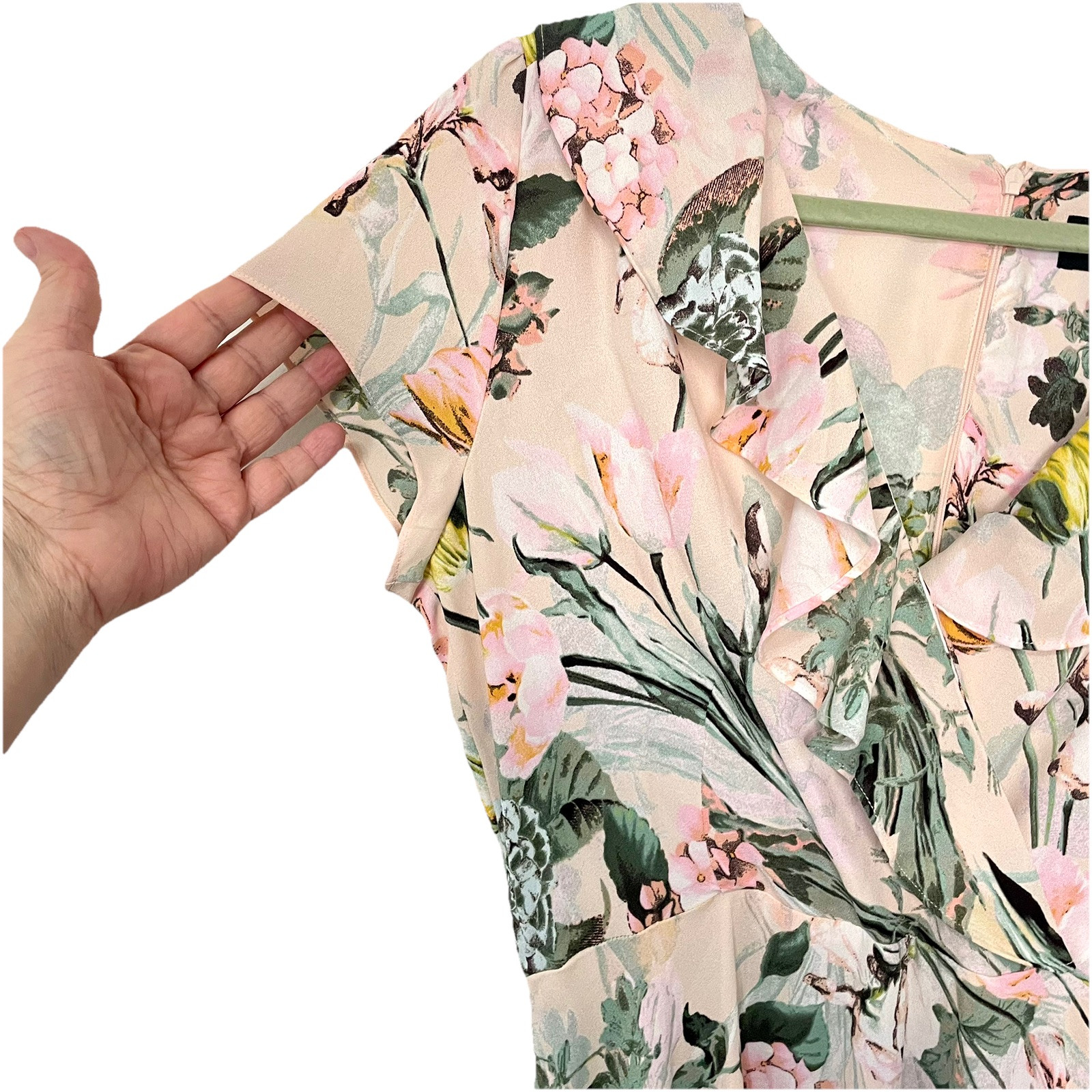 DN Design Dress 14 Ruffle V Neck 90s Floral Blush Hi Low Cottage Garden Feminine