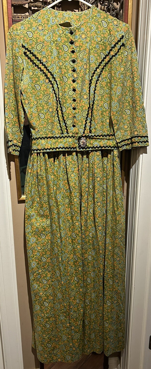 Granny Vtg 30s Dress Rockabilly Green Black Ric Rac 38”Bust 32”Waist W/Bonnet