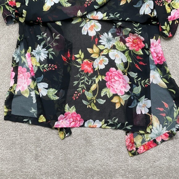 Sweet Pea Stacy Frati Duster Women L Black Floral Peony Sheer Kimono Boho Robe