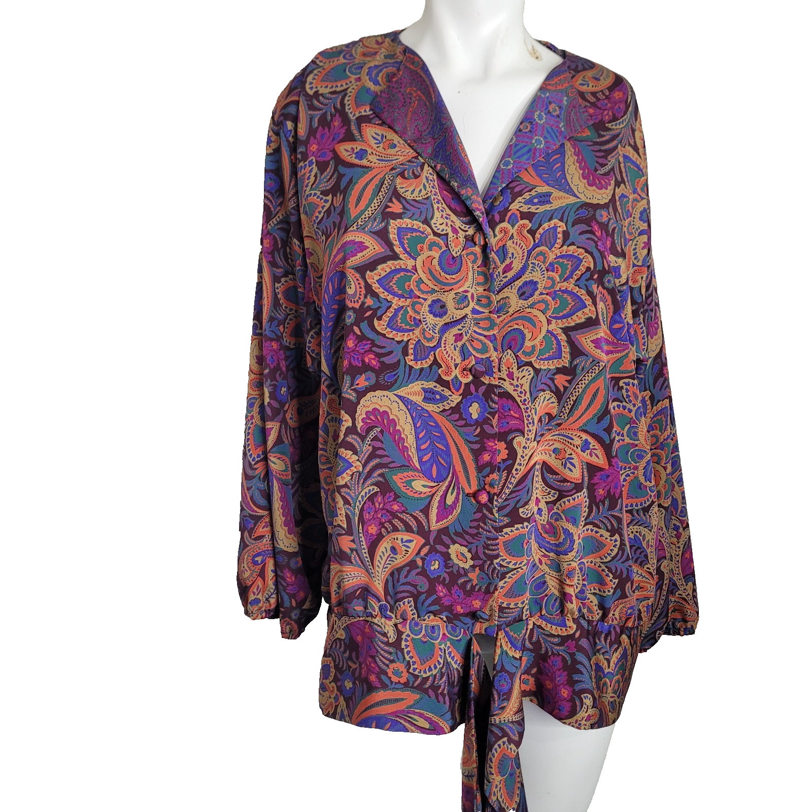 Willi of California M,L blouse shoulder pads paisley flower colorful tie button