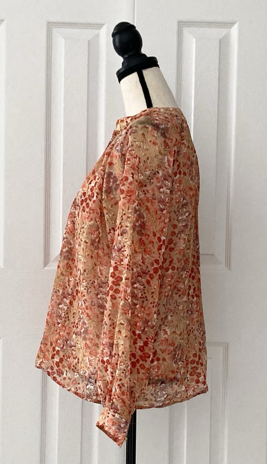 Vtg 70s 80s Autumn Floral Secretary Blouse Top Semi Sheer Women’s Size 7/8