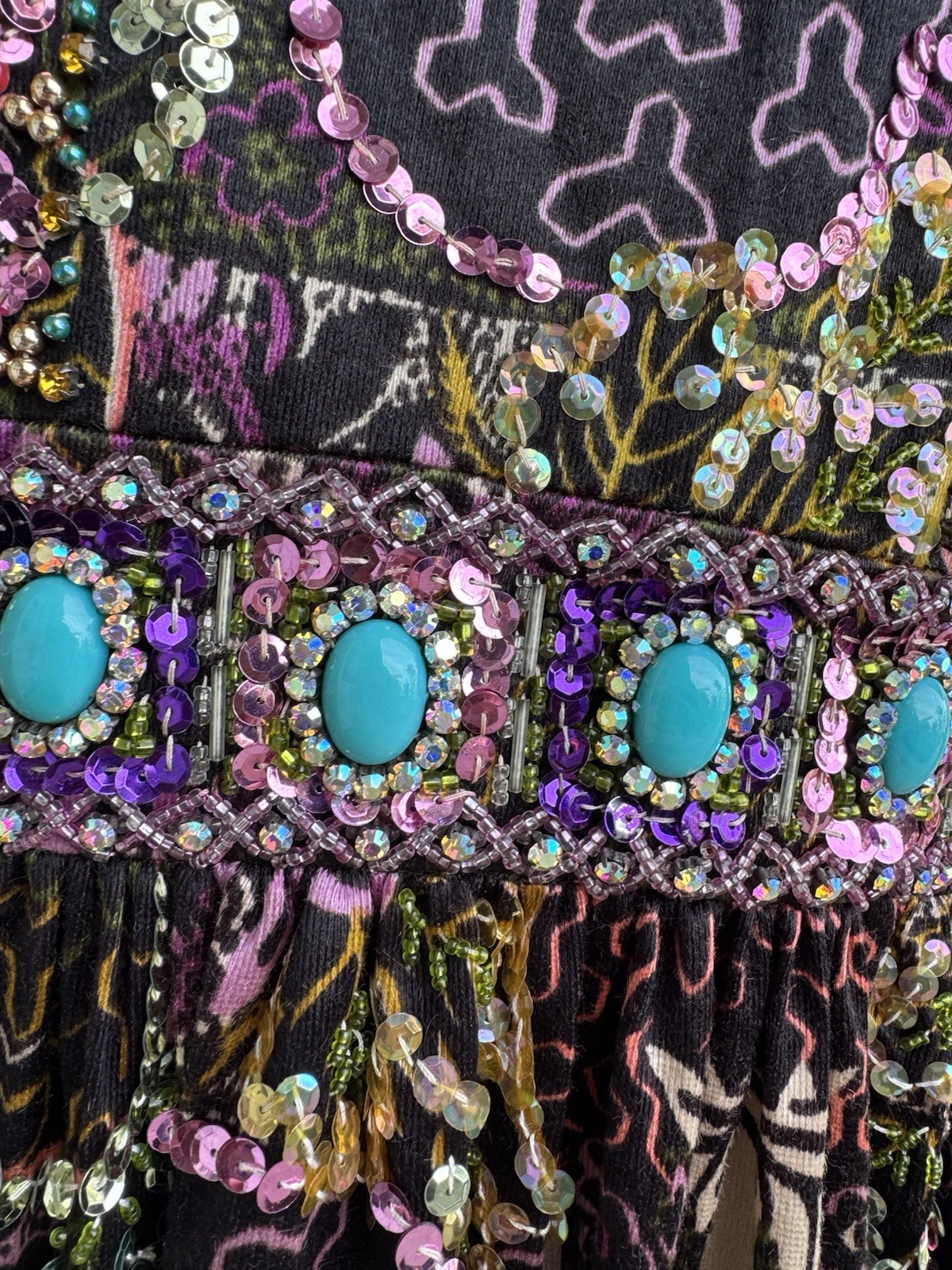70’s Valentina Ltd Embellished Maxi Dress 12 Boho Sequin Jewels Hostess Gown 28”