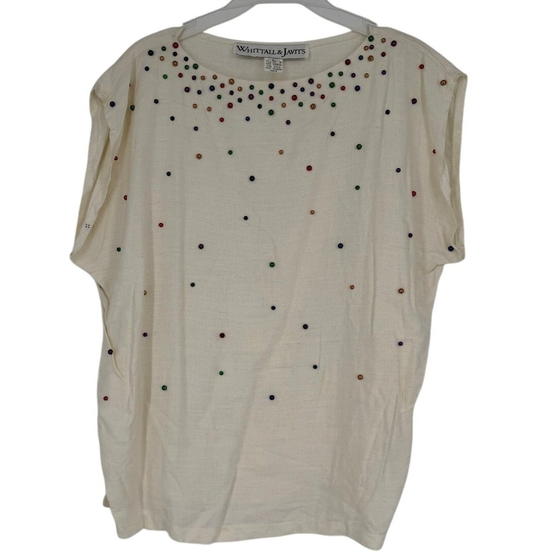 Vintage 80s Whittall & Javits Linen Silk Beaded Top Cream Dolman Blouse
