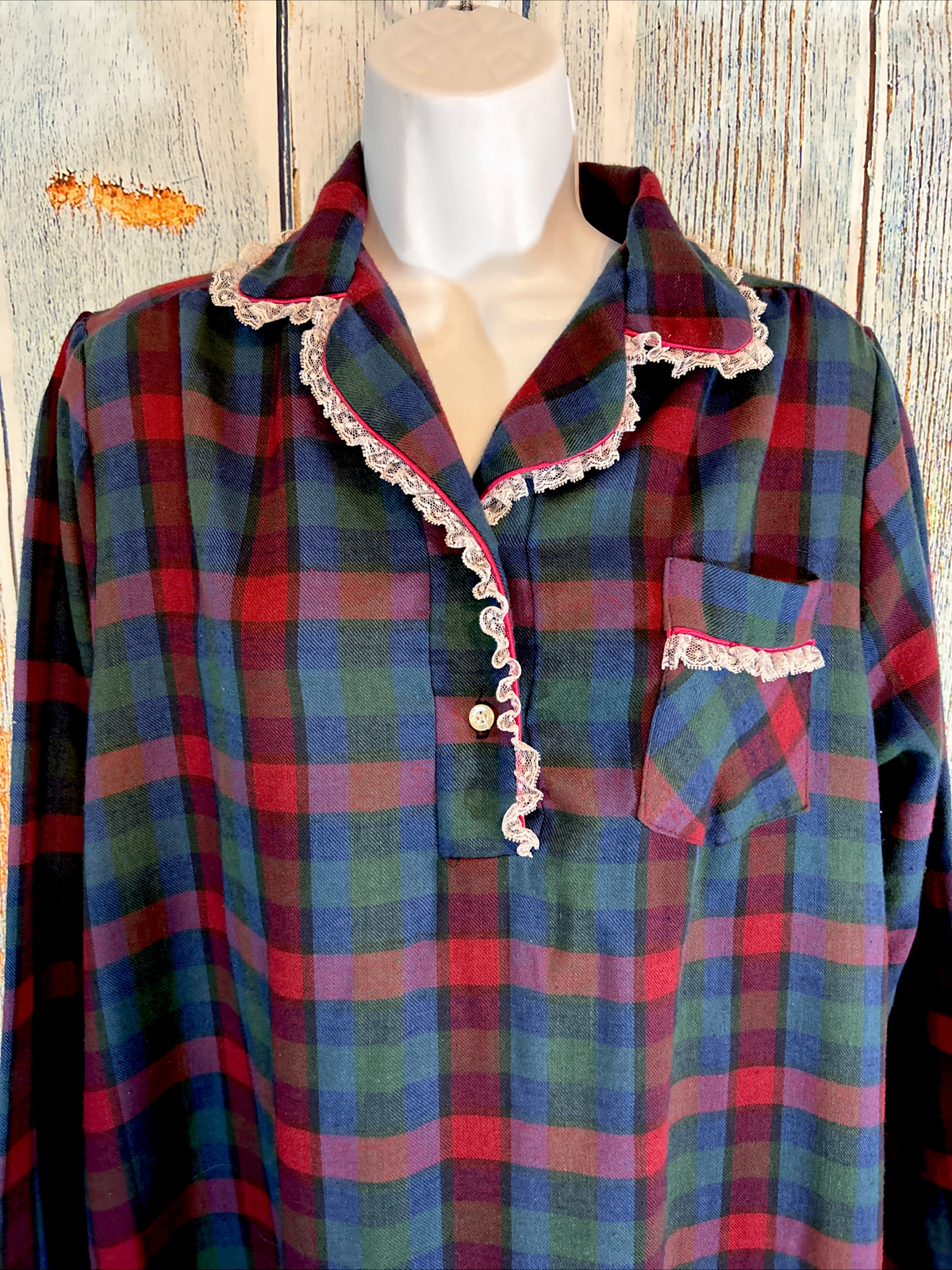 Vintage Plaid Long Nightgown Size Medium Lace Trim Full Length Brandywine