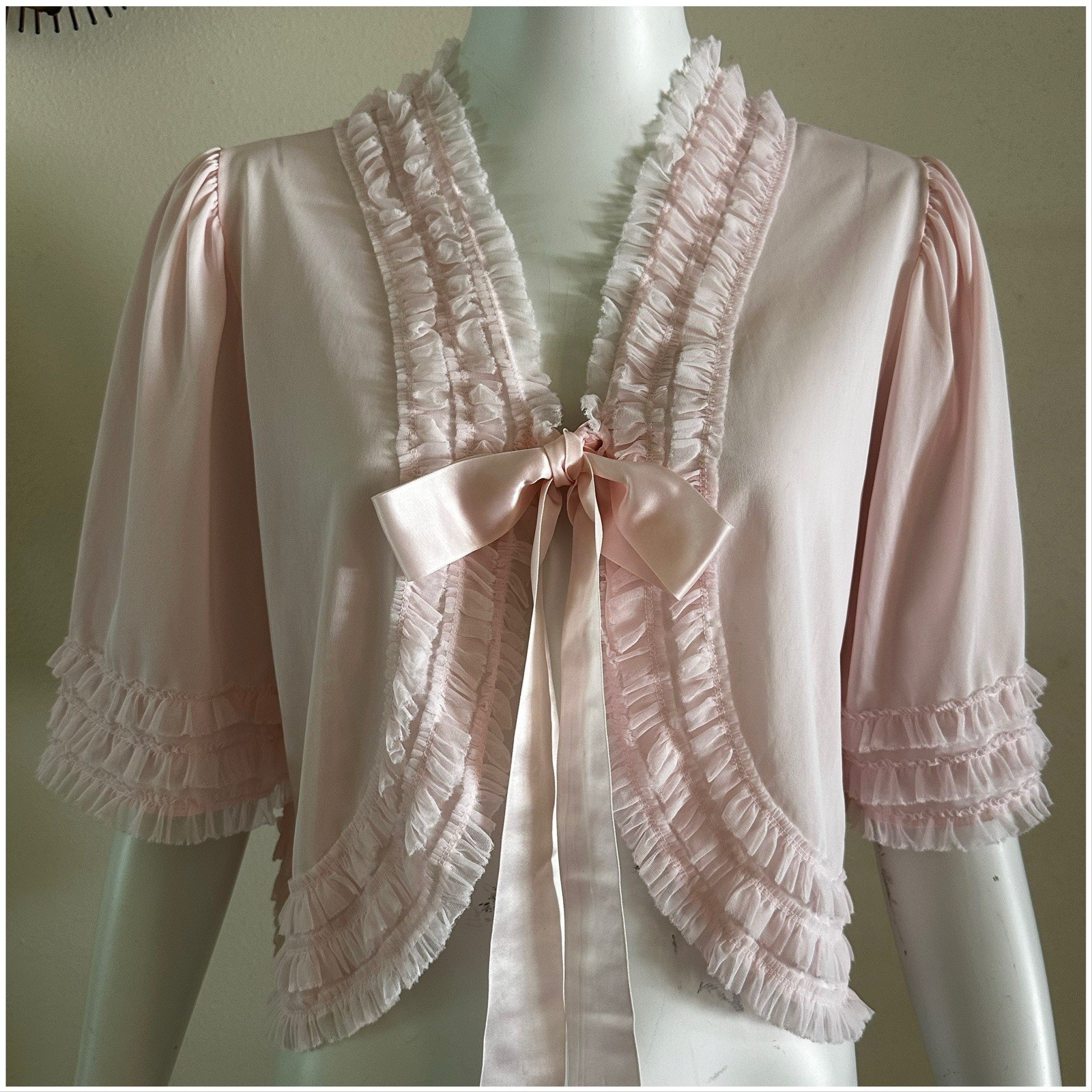 Vintage 1960s Berkshire Pink Nylon Tricot Bed Jacket Ruffle Tie Front Peignoir S
