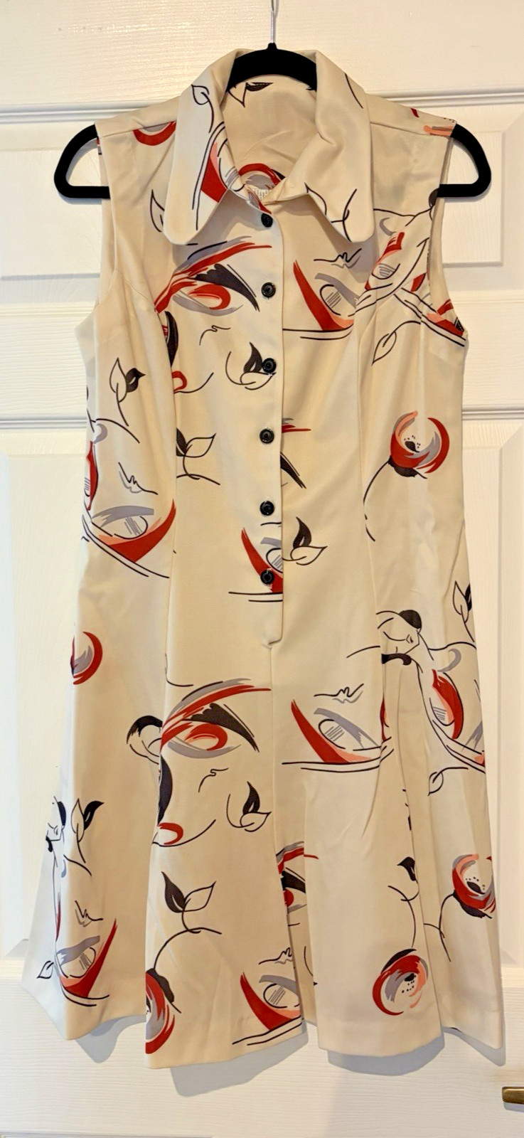 Vintage 1960s Beige Knit Abstract Pleated Shirtwaist Dress Small