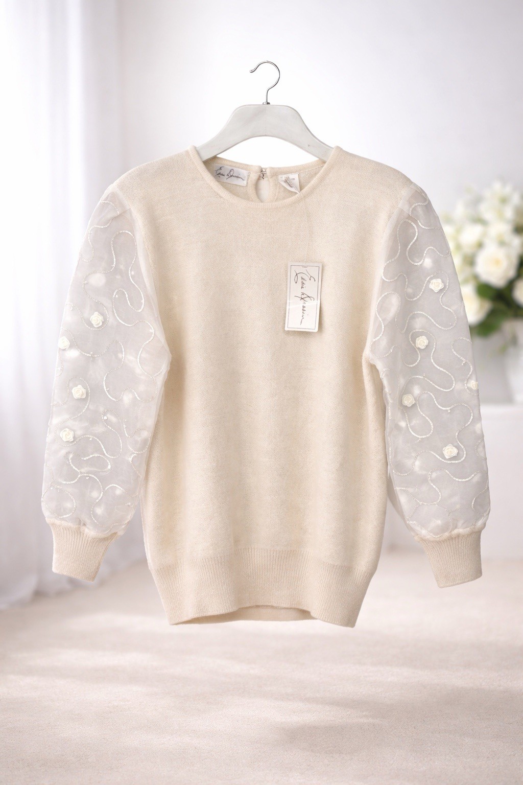 VTG Eddie Dassin Women’s L Ivory Angora Sweater Sheer Sleeve Coquette 90s